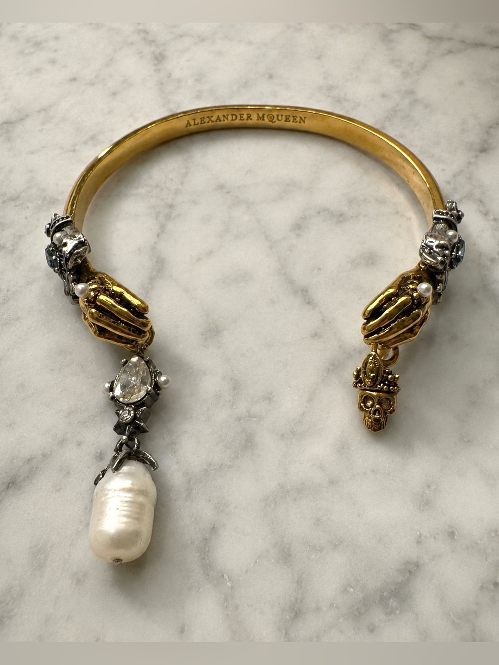 Alexander McQueen Gilt Pearl and Skull Bangle